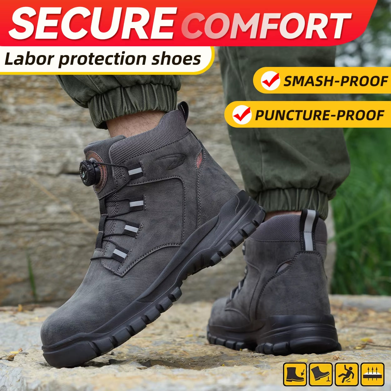 Rotating Button Work Shoes for Men anti Puncture Work Sneakers Waterproof Black Work Safety Shoes Non Slip Steel Toe Boots
