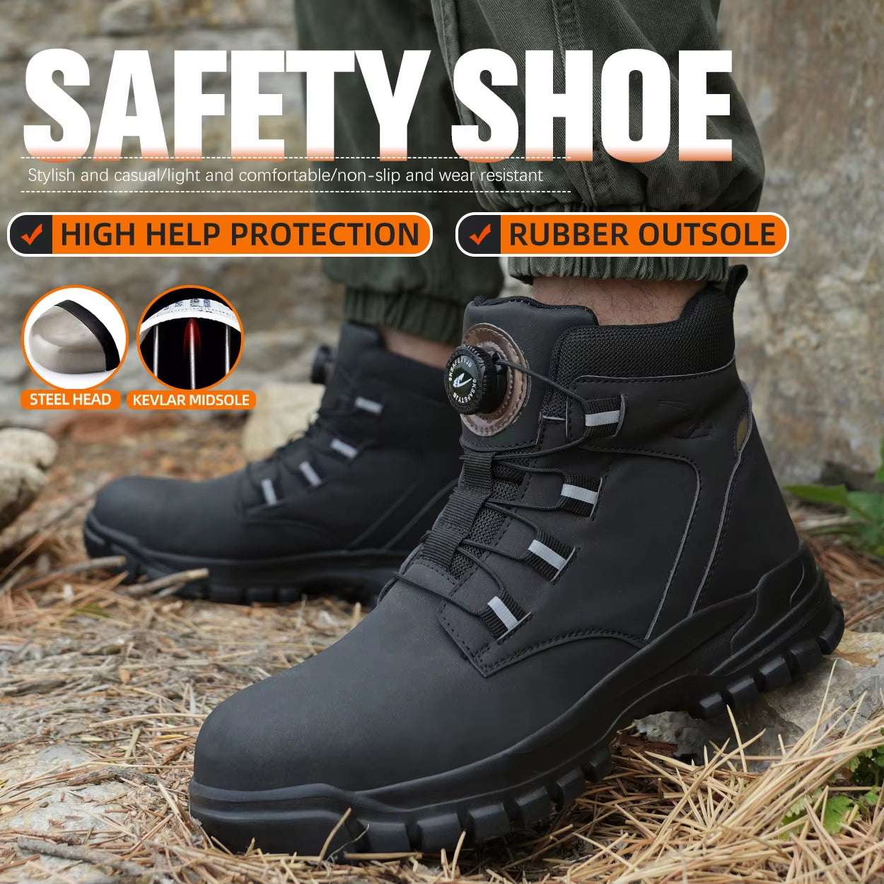 Rotating Button Work Shoes for Men anti Puncture Work Sneakers Waterproof Black Work Safety Shoes Non Slip Steel Toe Boots