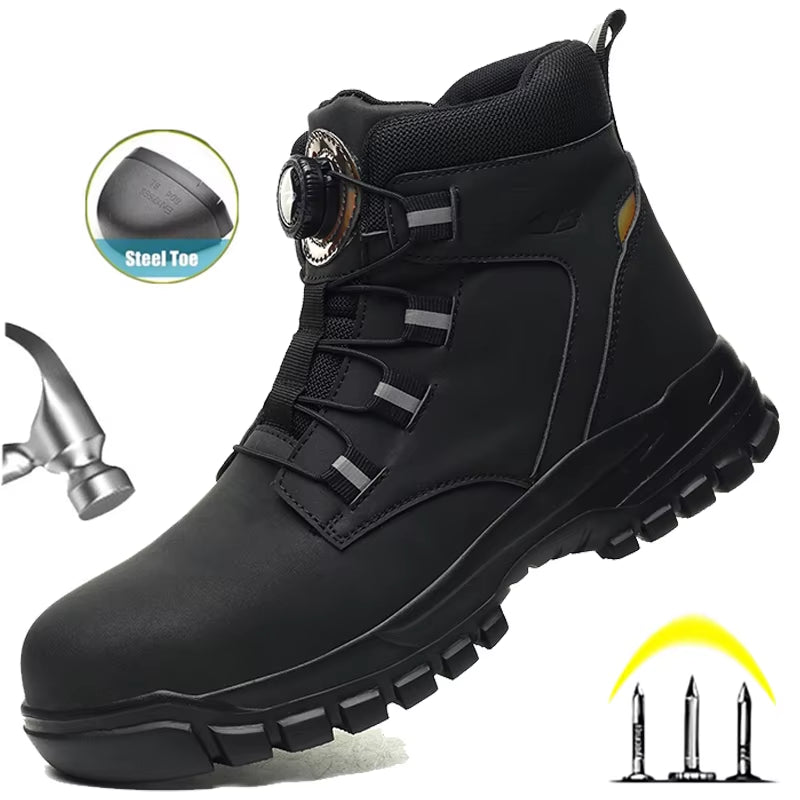 Rotating Button Work Shoes for Men anti Puncture Work Sneakers Waterproof Black Work Safety Shoes Non Slip Steel Toe Boots
